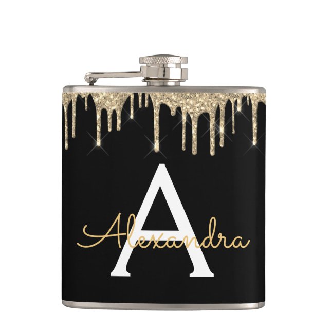 Gold Luxury Glitter Glam Monogram Name Hip Flask (Front)