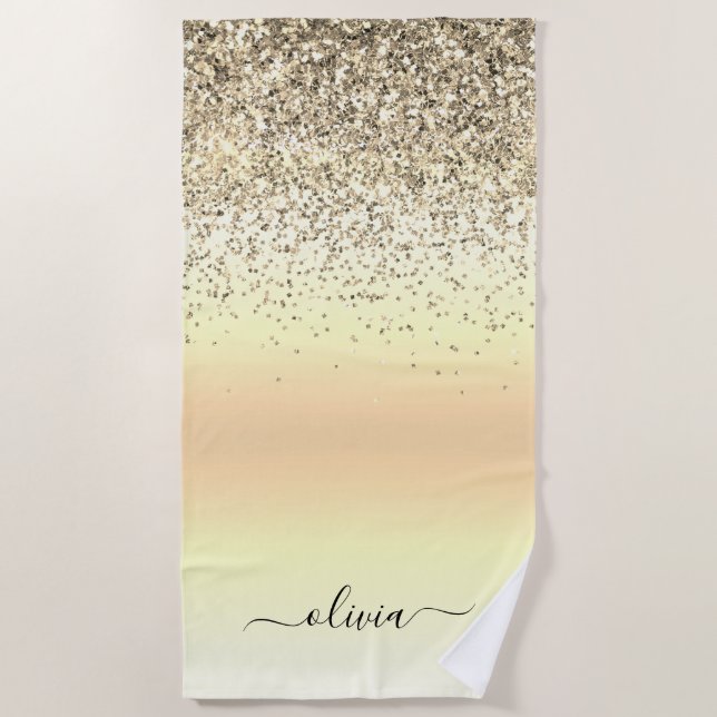 Gold Luxury Glitter Sparkle Monogram Beach Towel (Front)