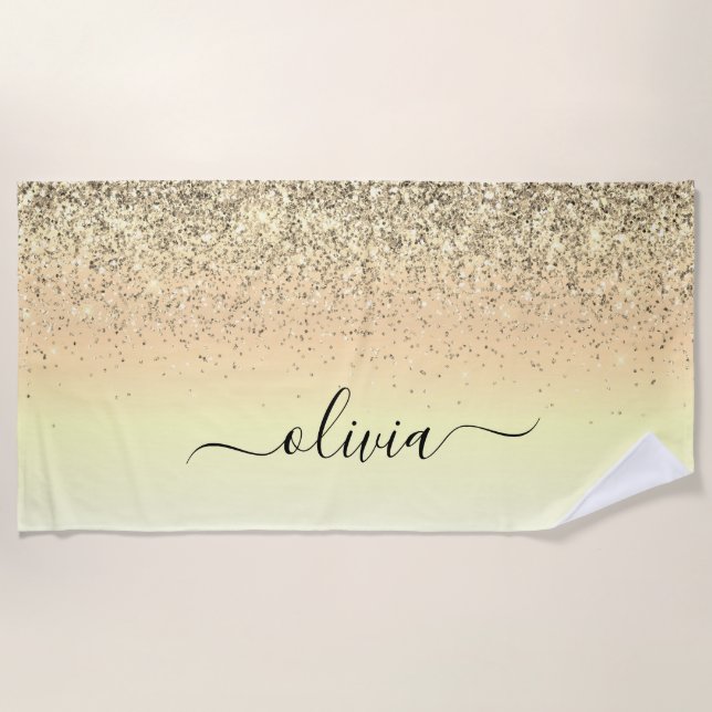 Gold Luxury Glitter Sparkle Monogram Beach Towel (Front)