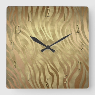Gold Luxury Luxurious Zebra Jungle Safari Glam Square Wall Clock