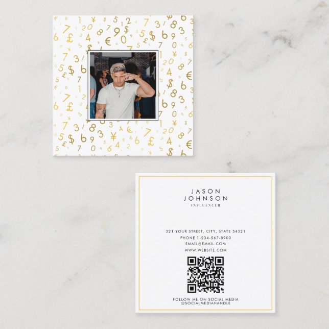Gold Luxury Number & Currency Influencer Photo Square Business Card (Front/Back)