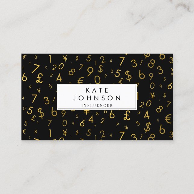 Gold Luxury Number & Currency Symbols Influencer Business Card (Front)