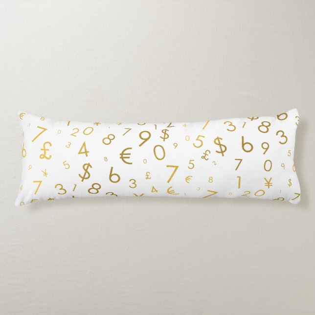 Gold Luxury Numbers & Currency Symbols Pattern Body Cushion (Front)