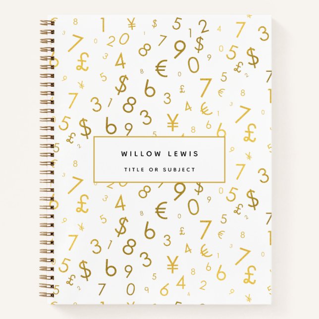 Gold Luxury Numbers & Currency Symbols Pattern Notebook (Front)