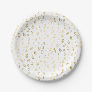 Gold Luxury Numbers & Currency Symbols Pattern Paper Plate