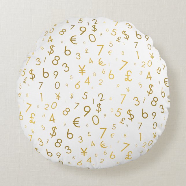 Gold Luxury Numbers & Currency Symbols Pattern Round Cushion (Front)