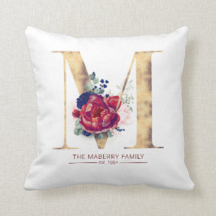 Gold M Monogram Floral Burgundy Red and Navy Blue Cushion