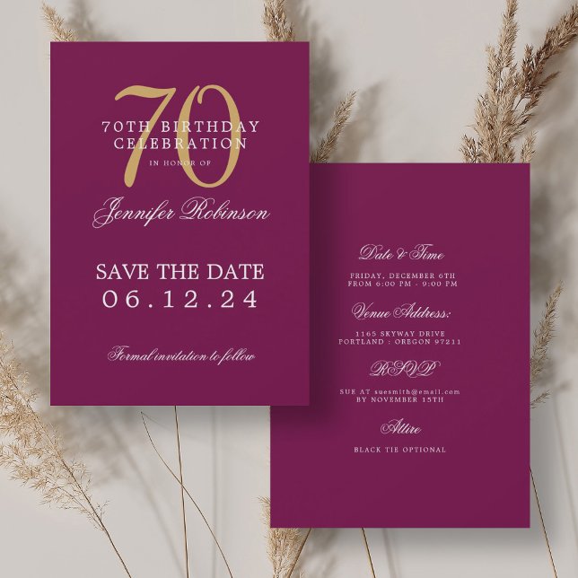 Gold Magenta 70th Birthday Save the Date Details Invitation (Gold Magenta 70th Birthday Save the Date Details Invitation)