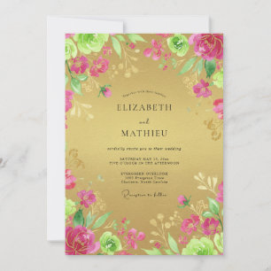 Gold Magenta Ranunculus Eucalyptus Wedding Invitation