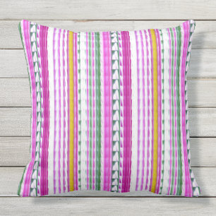 Gold, Magenta, Teal Stripes Outdoor Throw Pillow