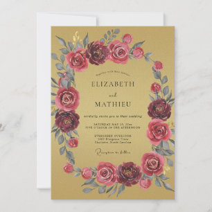 Gold Magenta Watercolor Floral Wedding Invitation