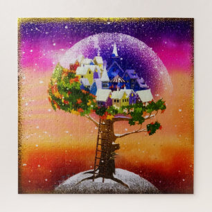 Gold Magic Planet Christmas Tree Jigsaw Puzzle