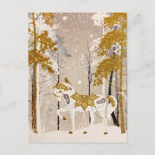 Gold Magical Snowy Forest Unicorn Nature Holiday Postcard