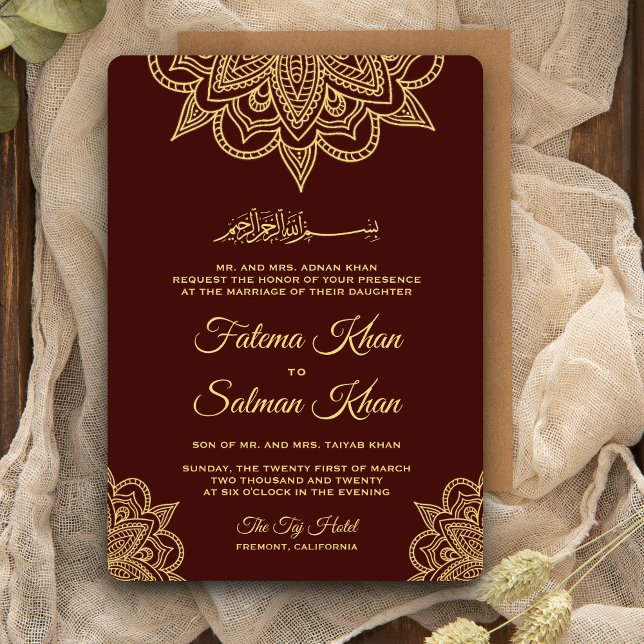 Gold Mahogany Henna Mehndi Islamic Wedding Invitation (Creator Uploaded)