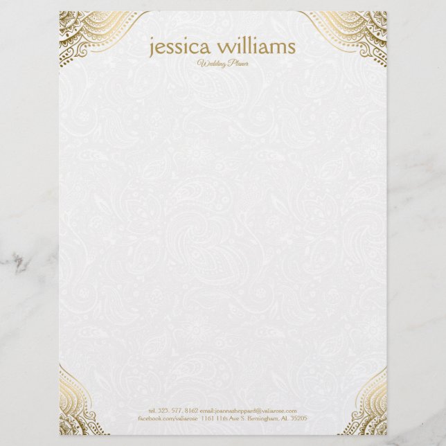 Gold Mandal Corners On White Paisley Background Custom Letterhead (Front)