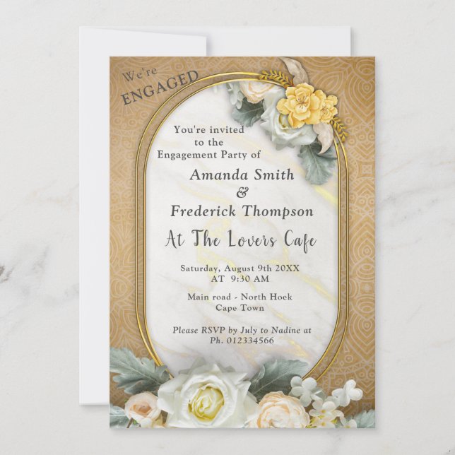 Gold Mandala background with White Roses Invitation (Front)