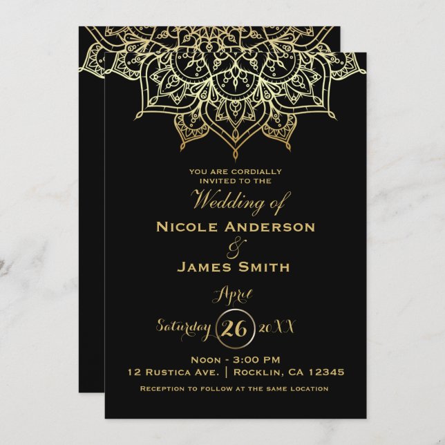 Gold Mandala Black Chic Modern Elegant Wedding Invitation (Front/Back)