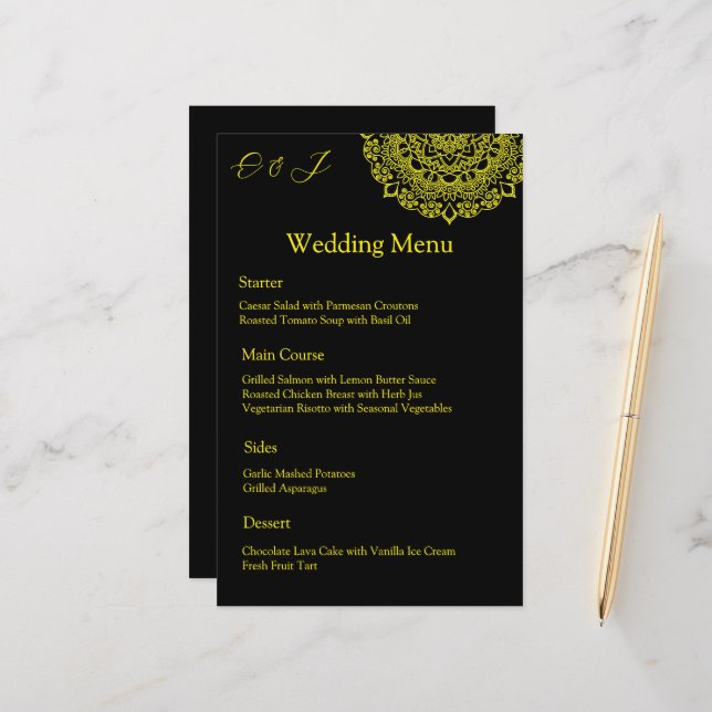 Gold mandala black wedding menu (Front/Back In Situ)
