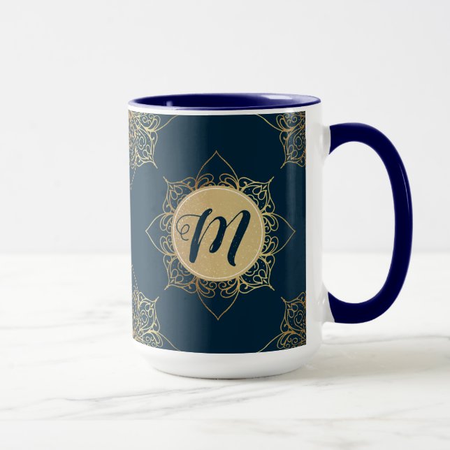 Gold Mandala Damask Pattern & Monogram Mug (Right)