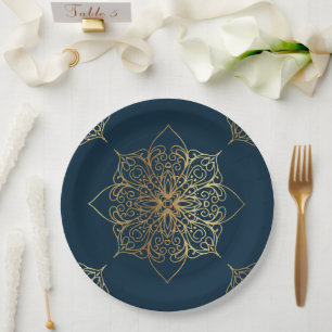 Gold Mandala Damask Pattern Paper Plate