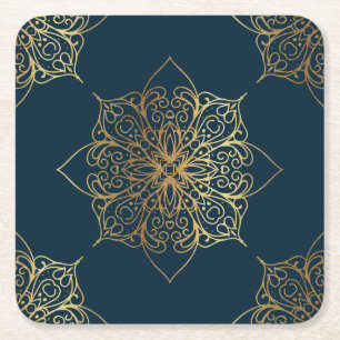 Gold Mandala Damask Pattern Square Paper Coaster