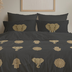 Gold Mandala Elephant Hamsa Hand - Reversible Boho Pillowcase