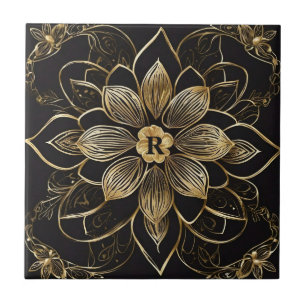 Gold Mandala Floral Black Elegant Monogram Initial Ceramic Tile