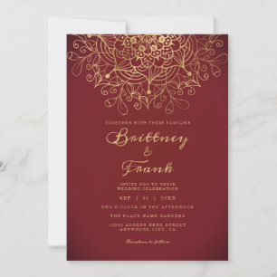 Gold Mandala Floral Burgundy Ombre Wedding Invitation