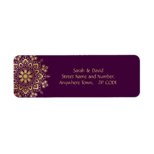 Gold Mandala Flourish on Purple Eggplant Plum Return Address Label