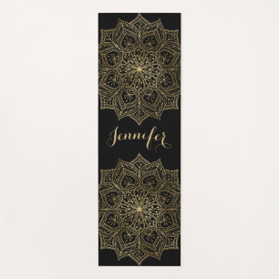 Gold Mandala Flower Custom Name Black Yoga Mat