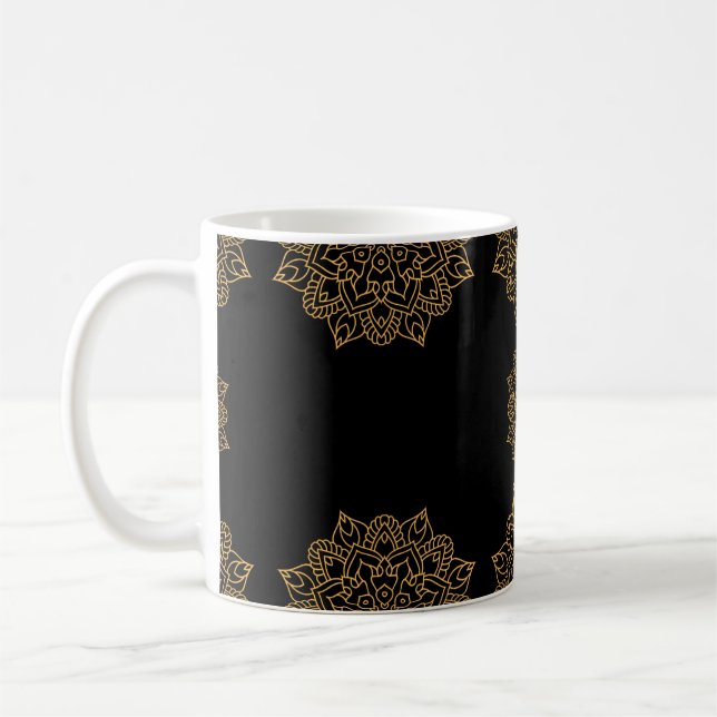 Gold Mandala Flowers ornament with black pattern  Coffee Mug (Left)