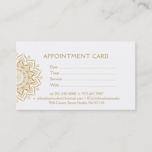 Gold mandala hearts and swirls appointment card (Front)