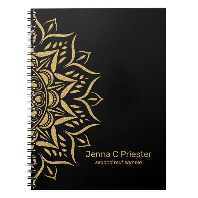 Gold mandala hearts and swirls on black notebook (Front)