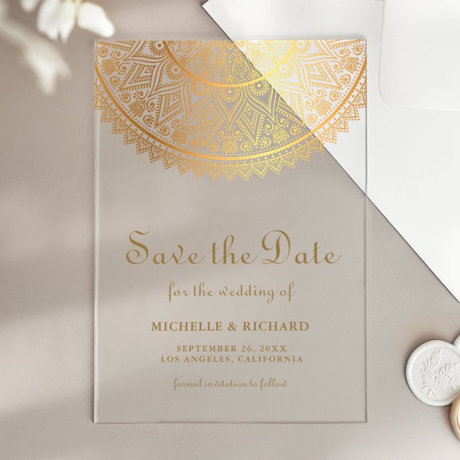 Gold Mandala Indian Wedding Save the Date Acrylic Invitations (Creator Uploaded)