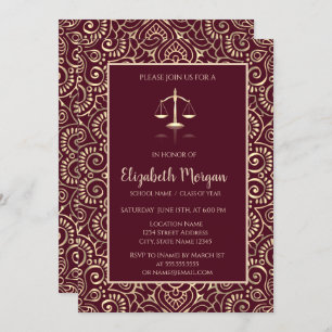 Gold Mandala Law School Burgundy Graduation  Invitation