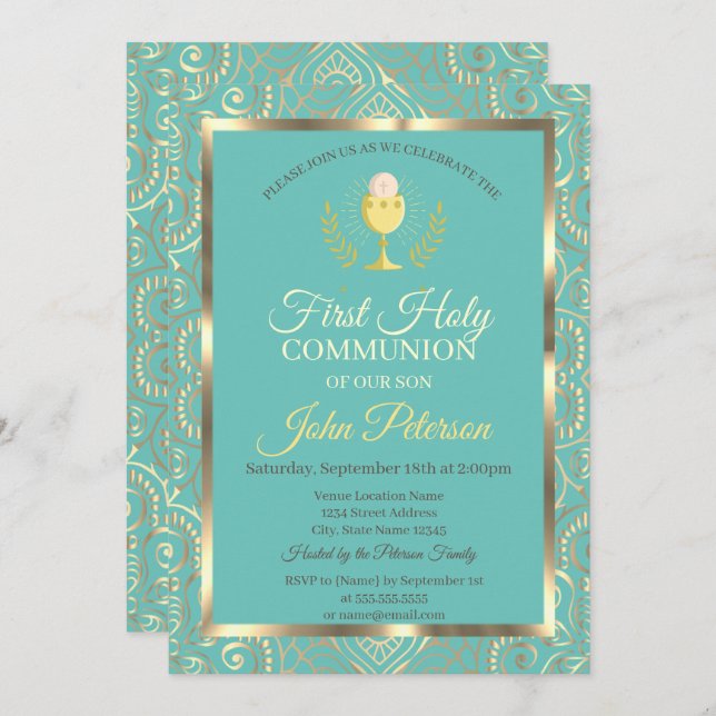  Gold Mandala Mint Green First Holy Communion  Invitation (Front/Back)