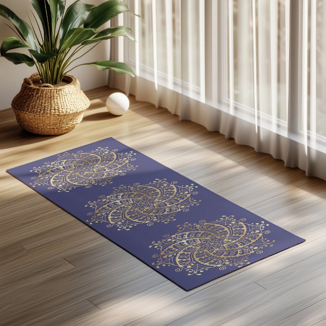 Gold Mandala Navy Blue Boho Yoga Mat (Creator Uploaded)