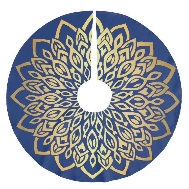 Gold Mandala Navy Blue Christmas Brushed Polyester Tree Skirt (Front)