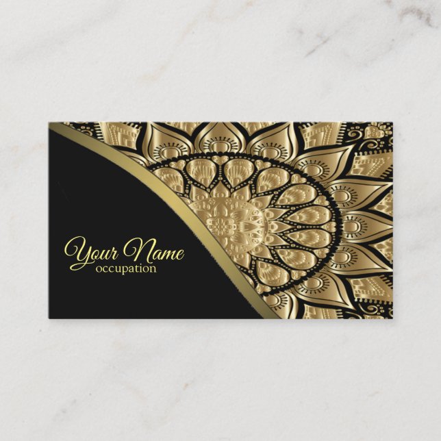 Gold Mandala On Black Business Card (Front)
