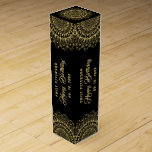 Gold Mandala on Black Damasks Background Wine Box<br><div class="desc">Gold ornate mandala over a black and dark grey monochromatic background. Customisable text in a matching gold colour-happy birthday.</div>