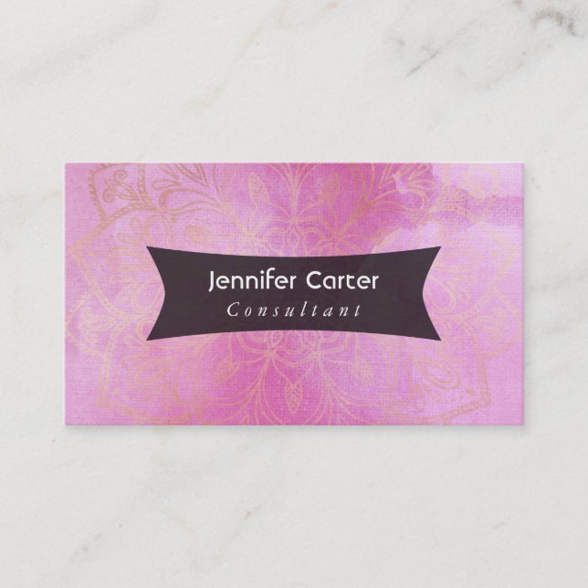 Gold Mandala Over Textured Deep Pink Watercolor Business Card (Front)
