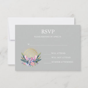 Gold Mandala Pink Crystal Boho Handfasting Wedding RSVP Card