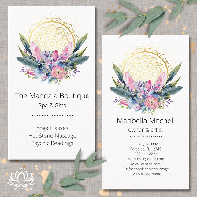 Gold Mandala Pink Crystals Psychic Spa Spiritual Business Card (Creator Uploaded)