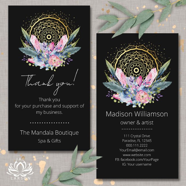 Gold Mandala Pink Crystals Spa Spiritual Thank You Business Card (Creator Uploaded)