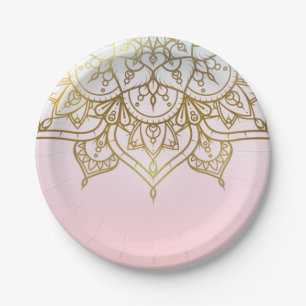 Gold Mandala Pink Peach Chic Modern Glam Party Paper Plate