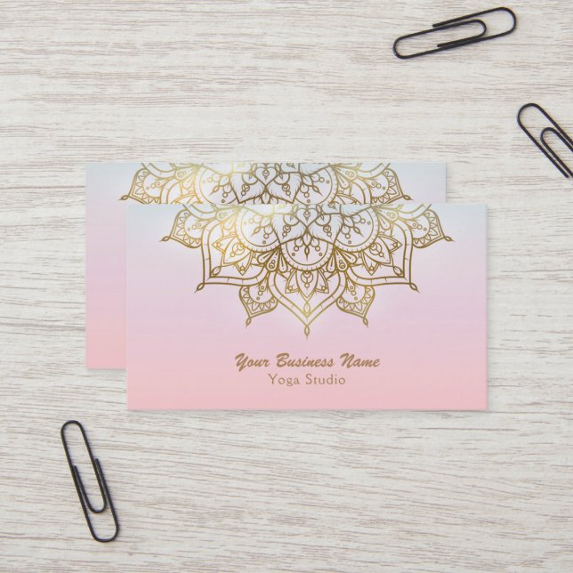 Gold Mandala Pink Peach Chic Modern Yoga Studio Business Card (Front/Back In Situ)