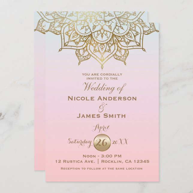 Gold Mandala Pink Peach Modern Elegant Wedding Invitation (Front/Back)