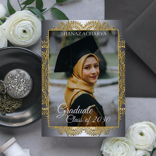Gold Mandala Silver Grey Graduation Announcement Postcard