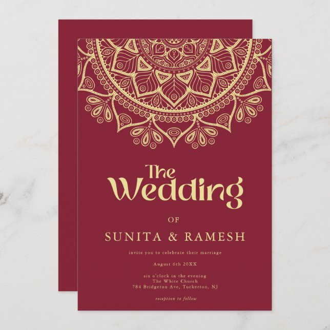 Gold Mandala Traditional Red Indian Wedding Invitation (Front/Back)