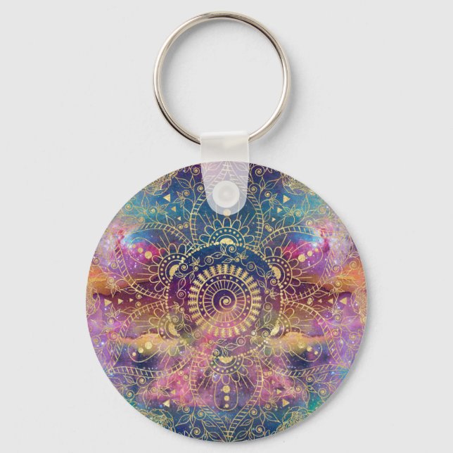 Gold Mandala Watercolor Colorful Nebula Key Ring (Front)